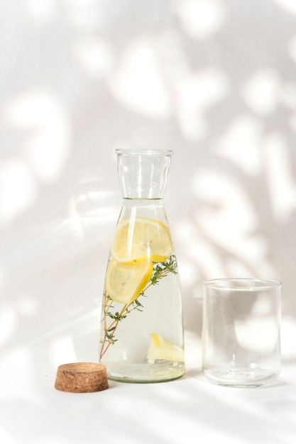 Bottle with water, plant and lemon