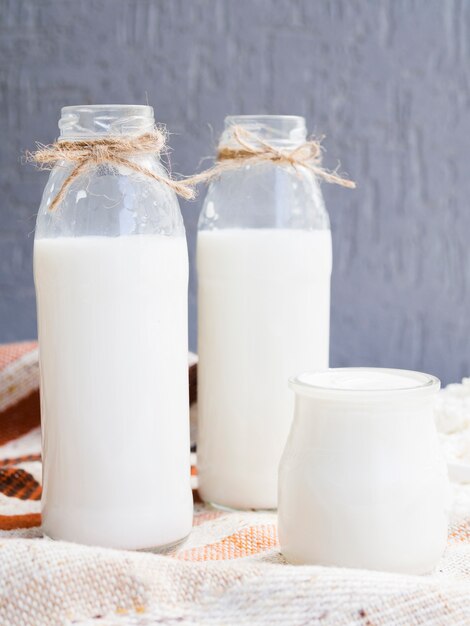 Bottles of milk and yogurt