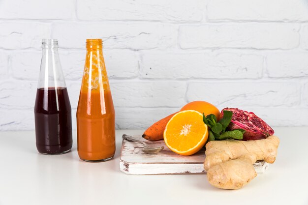 Bottles of smoothies on table