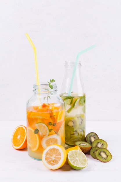 Bottles with fresh homemade lemonade