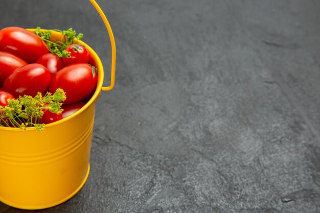 Bottom half view bucket of cherry tomatoes and dill flowers on the left of dark background