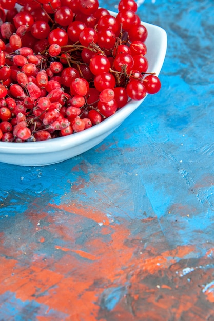 Bottom half view currants and barberries in white plate on blue red table free space