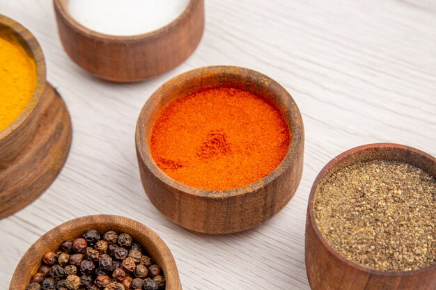 Bottom view bowls with spices turmeric pepper powder salt black pepper on table