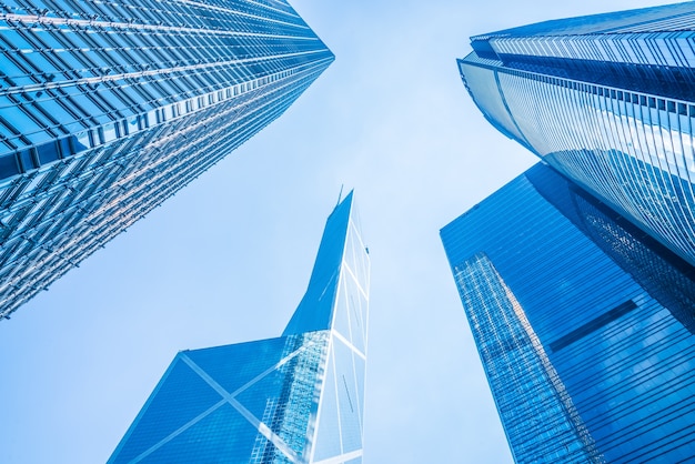 Bottom view of business skyscrapers