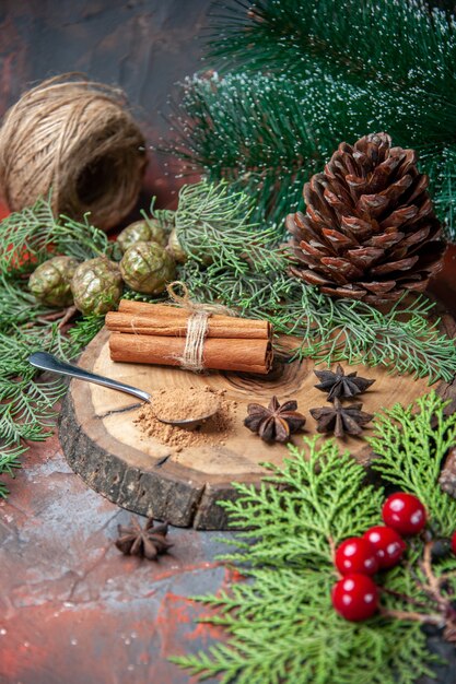 Bottom view cinnamon powder in spoon on wood board cinnamon sticks pinecone on dark