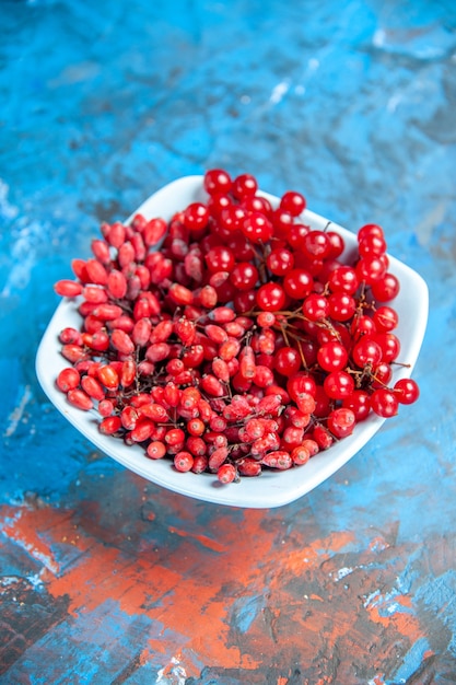 Bottom view currants and barberries in white plate on blue red table free space