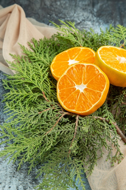 Free photo bottom view cut oranges on pine branches on dark surface