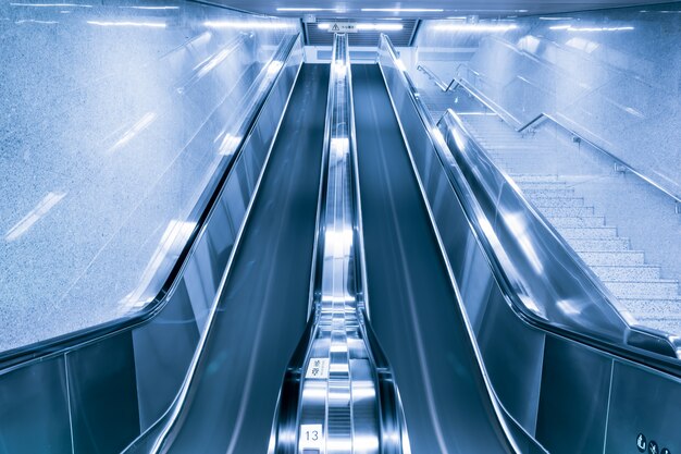 Bottom view of escalators
