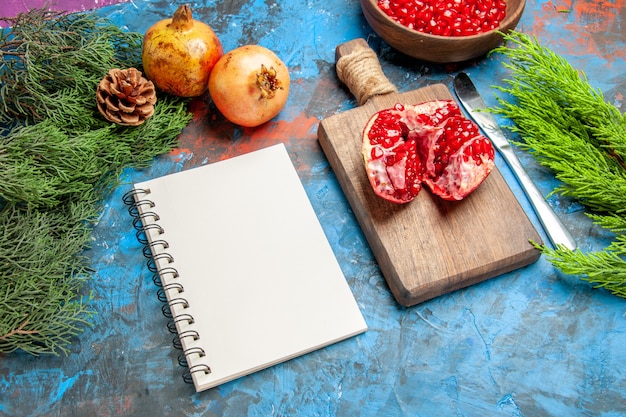 Bottom view pomegranate seeds in bowl dinner knife a cut pomegranate on chopping board a notebook tree branches on blue background