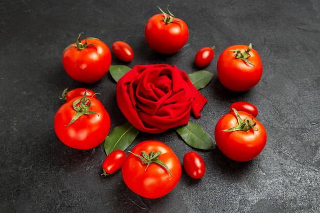 Bottom view red towel in rose shape red and cherry tomatoes on dark background