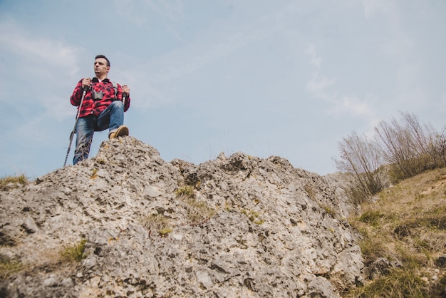 Bottom view of relaxed hiker