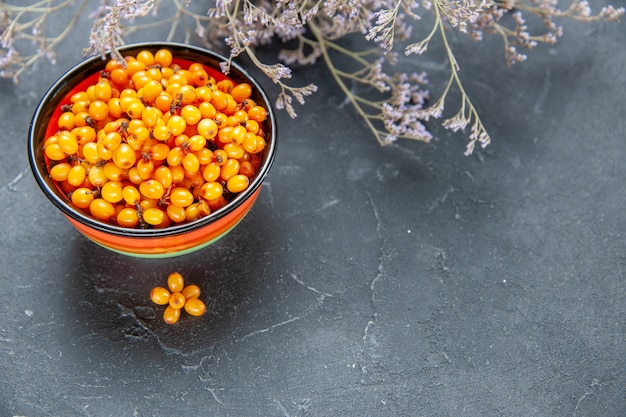 Free photo bottom view sea buckthorn in bowl dried flower branch on dark red surface free place