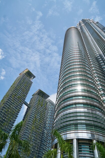 Bottom view of skyscrapers with decorative plants