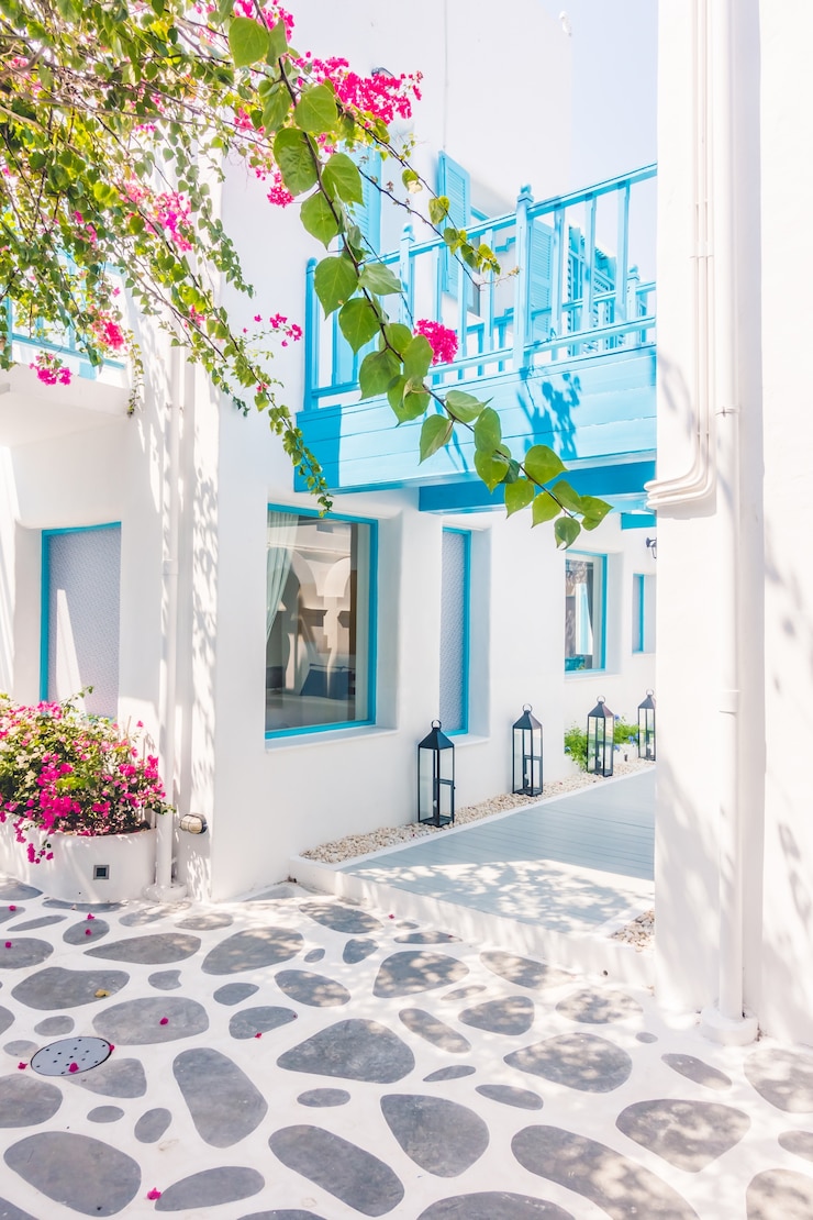 Free Photo bougainvillea santorini white village beautiful