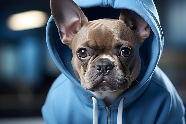 Foto gratuita bouledogue terrier che indossa un cappuccio blu