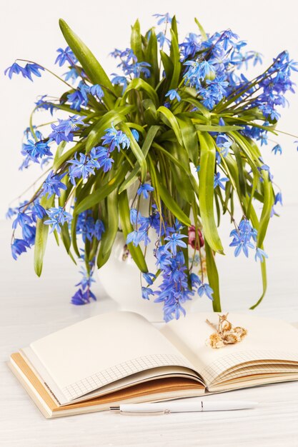 bouquet of blue primroses on the table