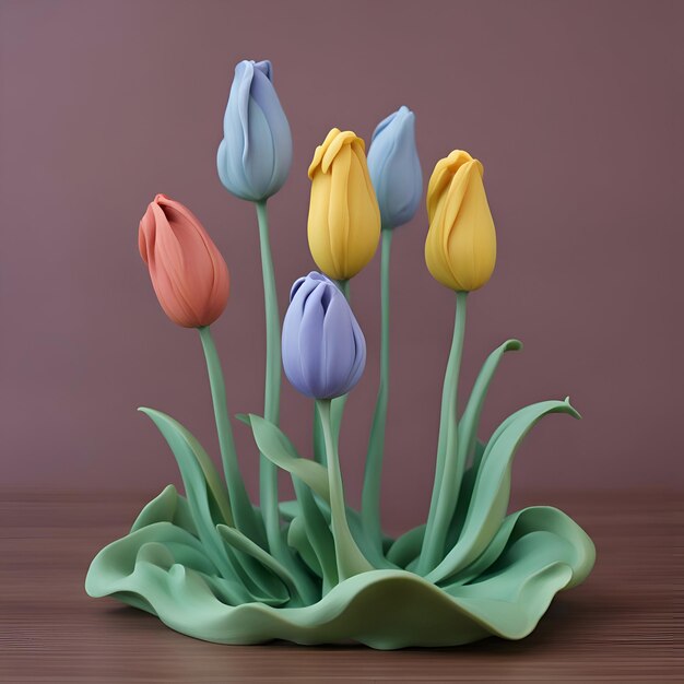 Free photo bouquet of colorful tulips on wooden table 3d render