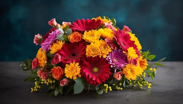 A bouquet of flowers is displayed on a table.