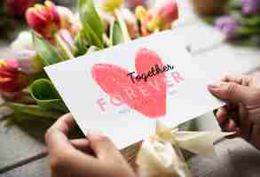 Free photo bouquet of flowers with a together forever card