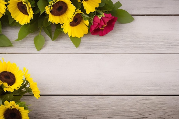 A bouquet of flowers on a wooden table