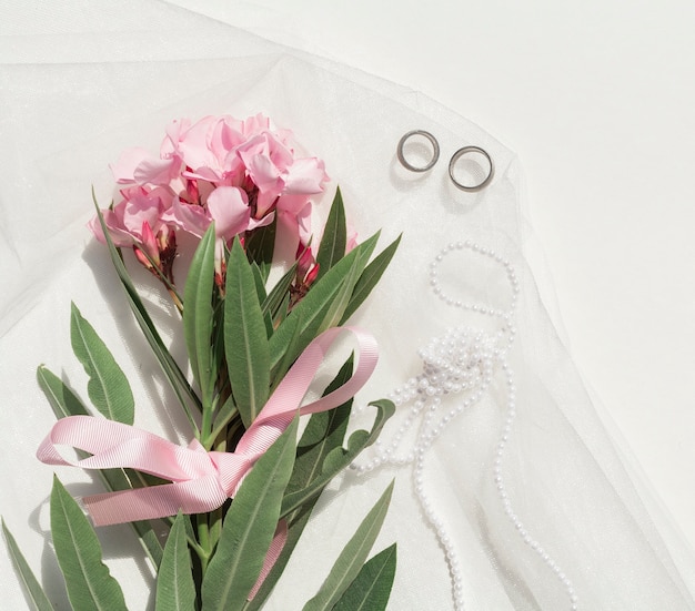 Bouquet of pink flowers with wedding arrangement