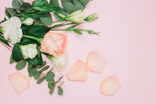 Букет из розовых роз и эустомы на розовом фоне