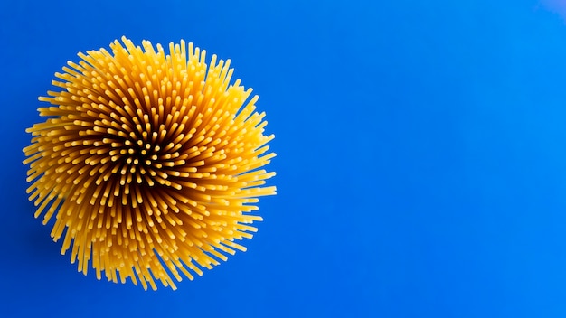 Bouquet of raw spaghetti on blue surface