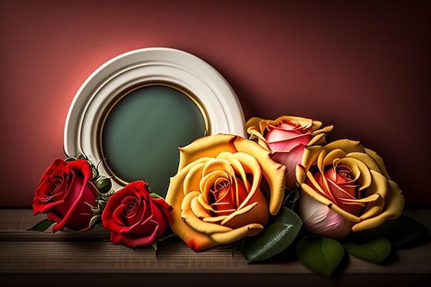 Free photo a bouquet of roses sits on a table with a white plate in the background