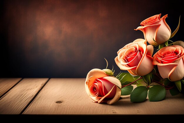 Букет роз на деревянном столе