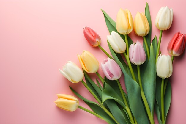 A bouquet of tulips on a pink background for mother's day