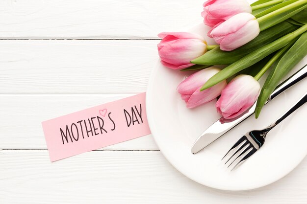 Bouquet of tulips on plate