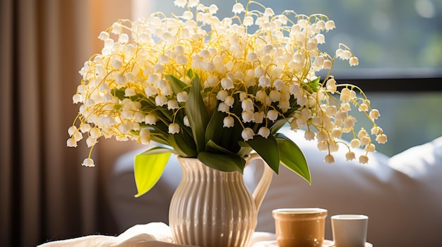 Free photo bouquet with lilies of valley next to the coffee table in a living room in the sun interior project