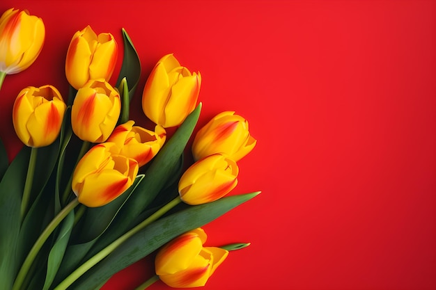 Free photo a bouquet of yellow tulips on a red background for mother's day