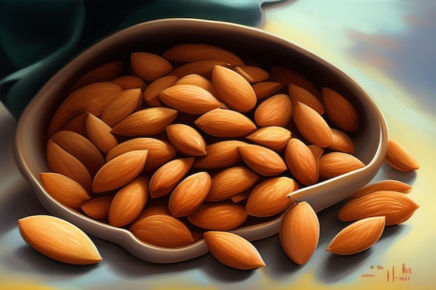 A bowl of almonds is shown with the word almond on the side.