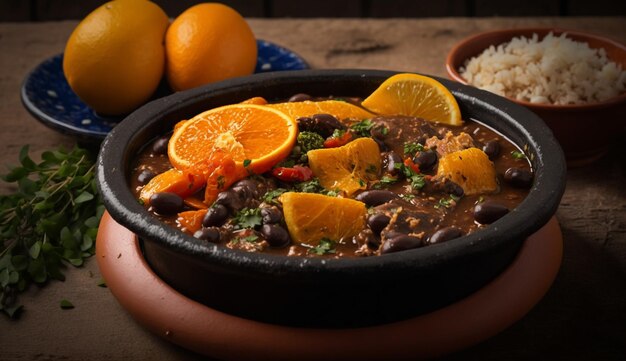 A bowl of black beans with oranges and rice on a table