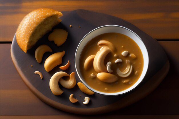 A bowl of cashew soup with a piece of bread on the side.