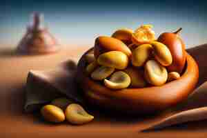 Free photo a bowl of cashews sits on a table.