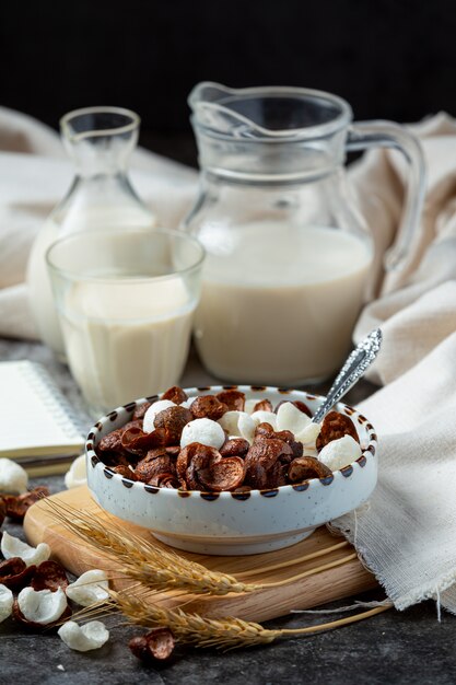 A bowl of cereal, chocolate-flavored cereal mixed with milk for breakfast.