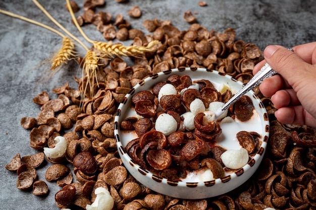 A bowl of cereal, chocolate-flavored cereal mixed with milk for breakfast.