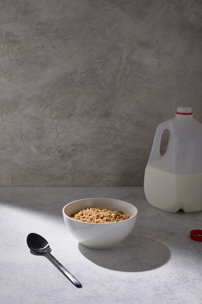 Bowl of cereal near a gallon of milk on a white table near a white wall
