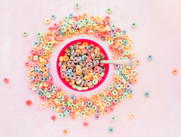 Bowl of cereals in round frame from corn flakes 