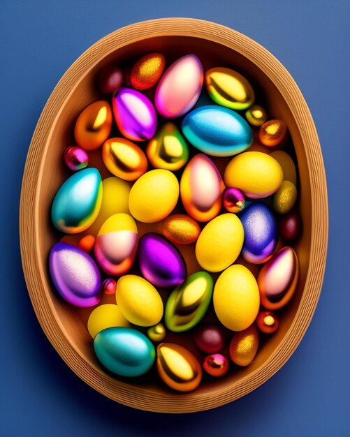 다채로운 계란 한 그릇은 파란색 배경에 있습니다.