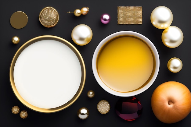 A bowl of cream with a golden lid sits on a black background with christmas decorations.