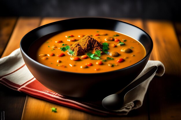 A bowl of curry with a spoon on a wooden table.