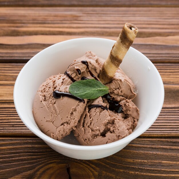 Bowl of decorated chocolate ice cream