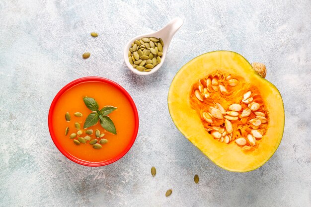 Bowl of delicious pumpkin soup with seeds.