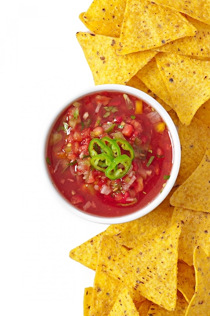 Bowl of fresh salsa dip isolated