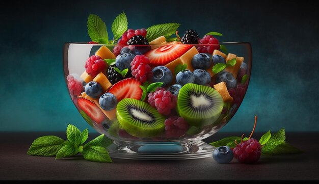 A bowl of fruit with a blue background