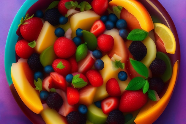 Free photo a bowl of fruit with a green leaf on it