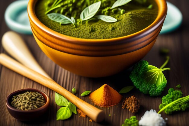 A bowl of green curry with a wooden spoon next to it.